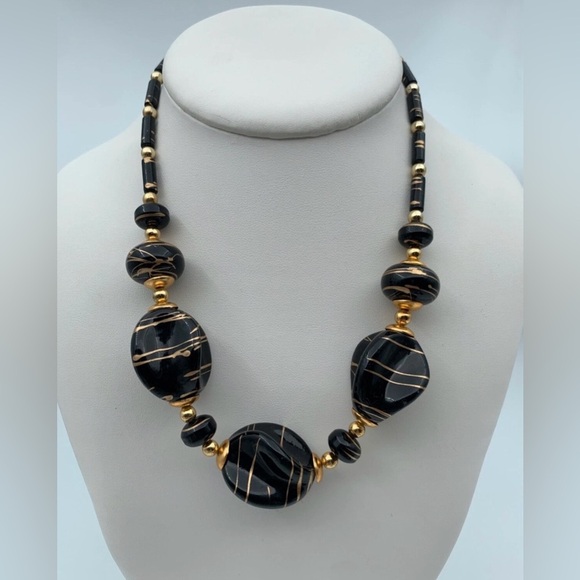 Jewelry - Vintage Jet Black Lucite Gold Color Drizzle Beaded Necklace Chunky Retro Jewelry